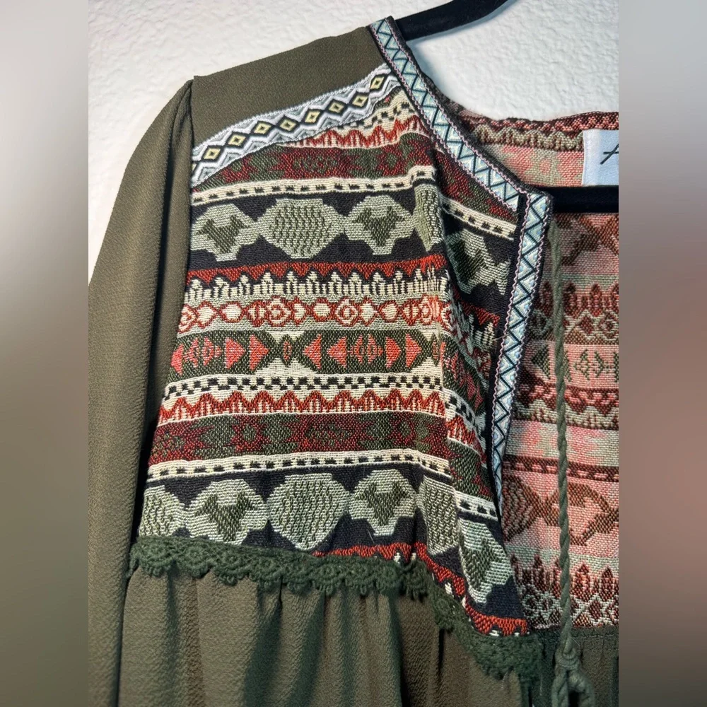 Olive Embroidered Tie-Front Peasant Top - Picture 3 of 6